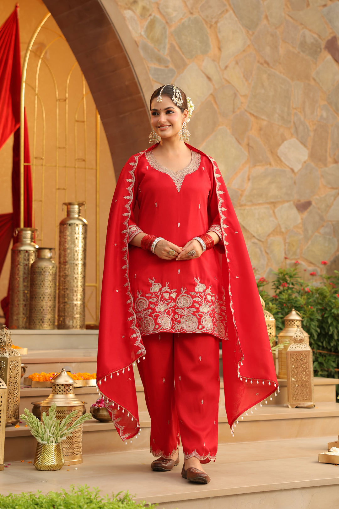 Floral Embroidered Straight Polki Silk Kurta & Trousers Sets
