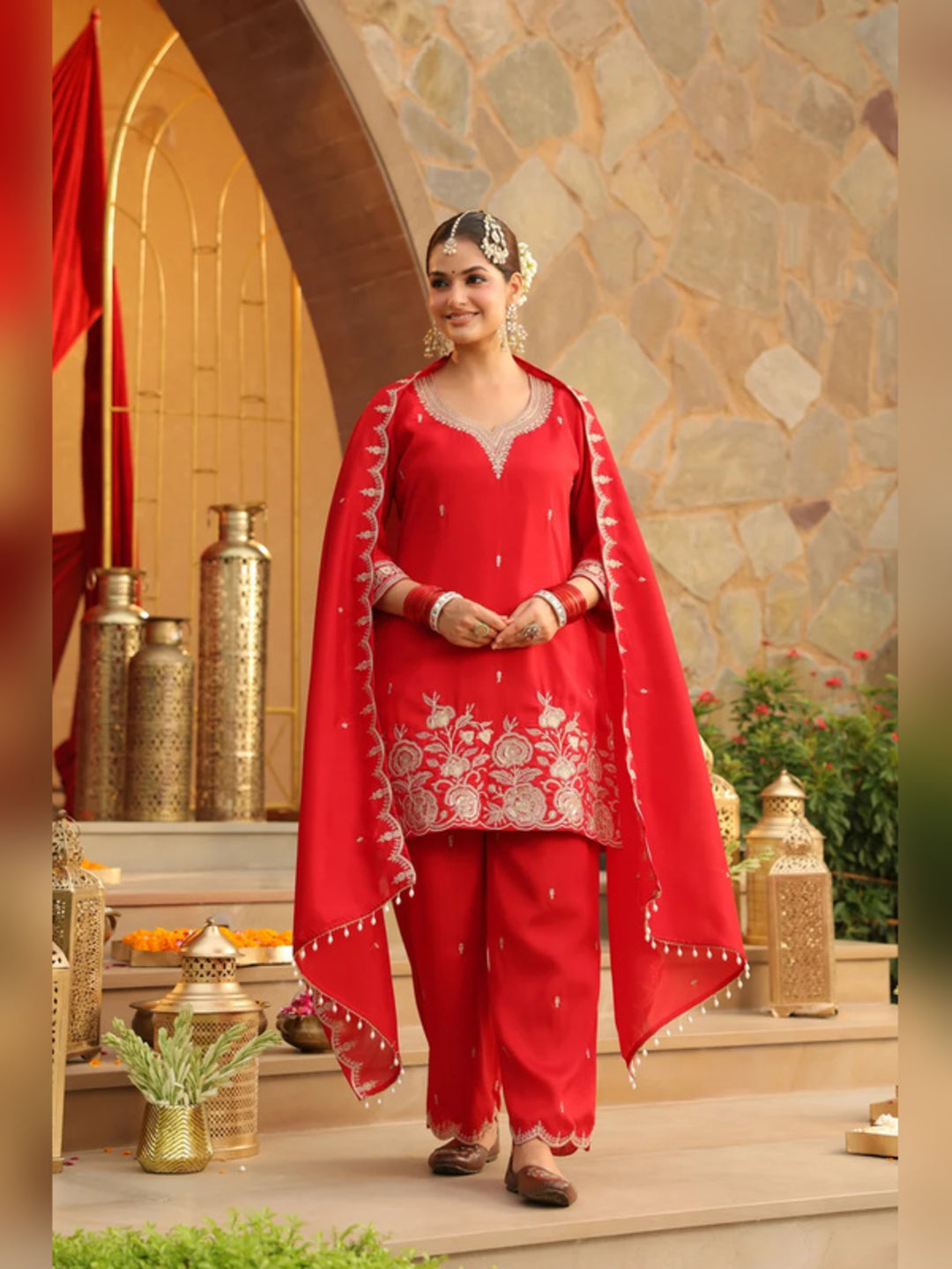 Floral Embroidered Straight Polki Silk Kurta & Trousers Sets