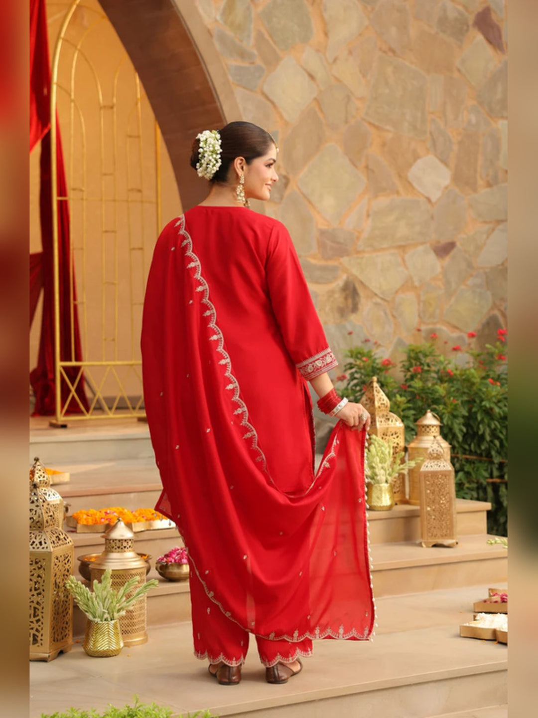 Floral Embroidered Straight Polki Silk Kurta & Trousers Sets
