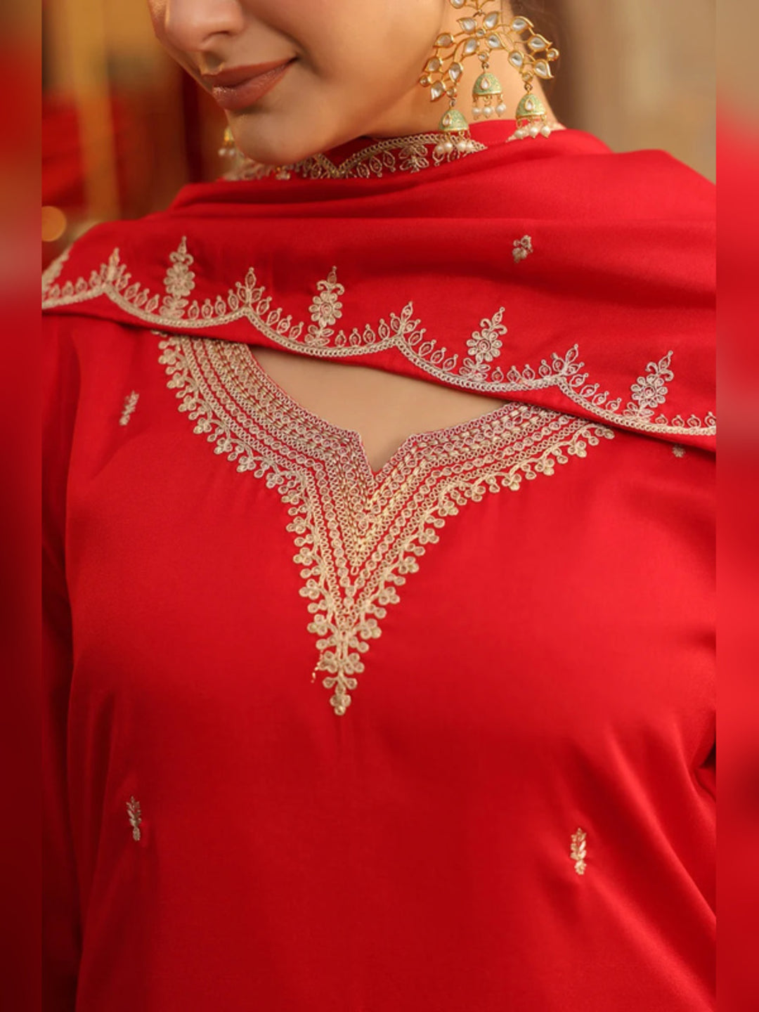 Floral Embroidered Straight Polki Silk Kurta & Trousers Sets