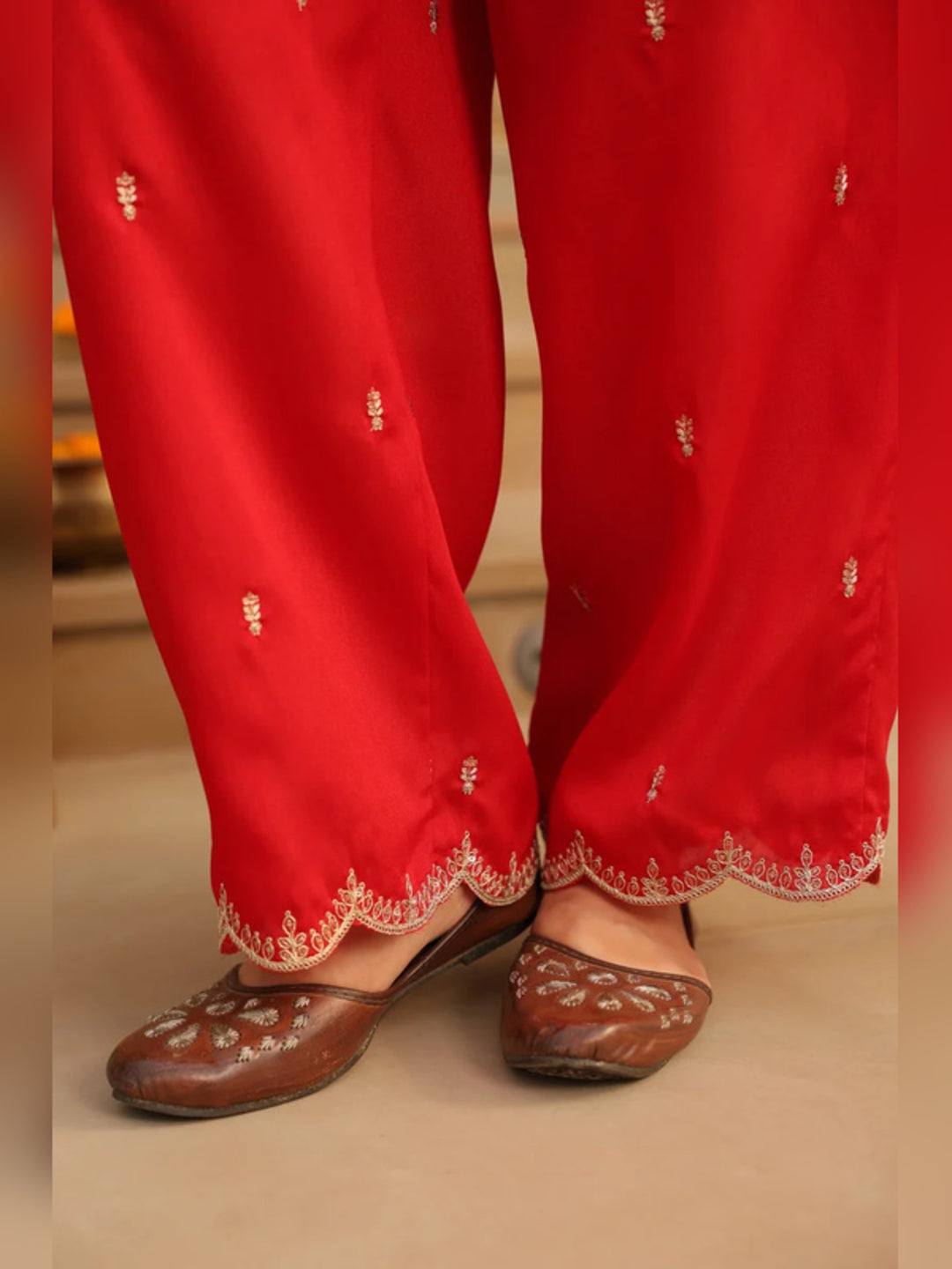 Floral Embroidered Straight Polki Silk Kurta & Trousers Sets