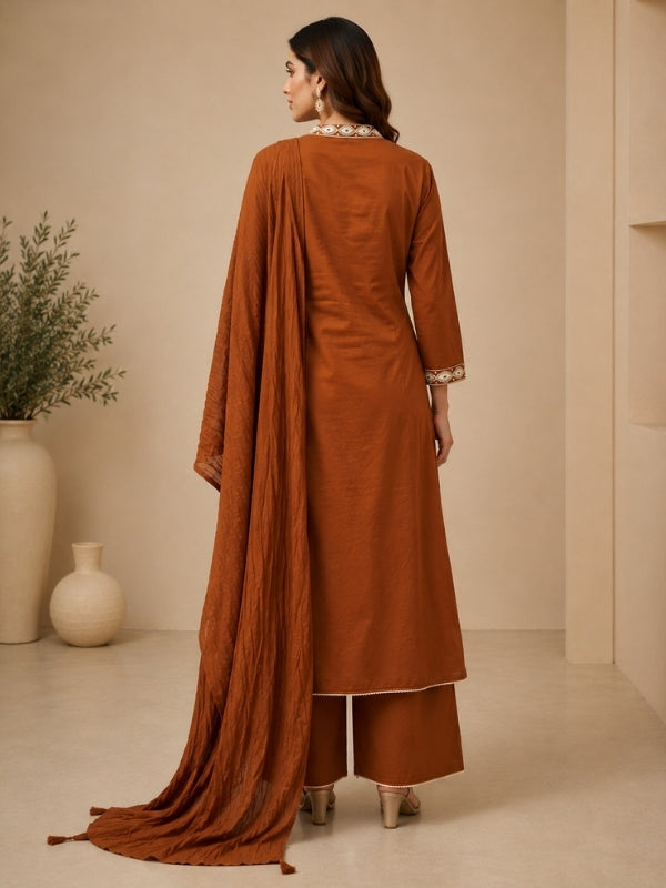 Floral Embroidered A-Line Pure Cotton Kurta & Palazzos Sets
