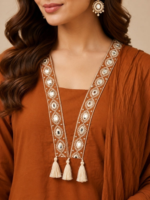 Floral Embroidered A-Line Pure Cotton Kurta & Palazzos Sets