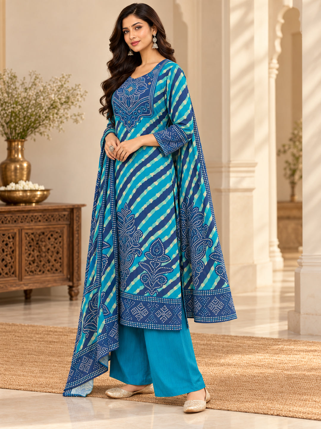 Bandhani Embroidered Straight Kurta & Trousers Sets