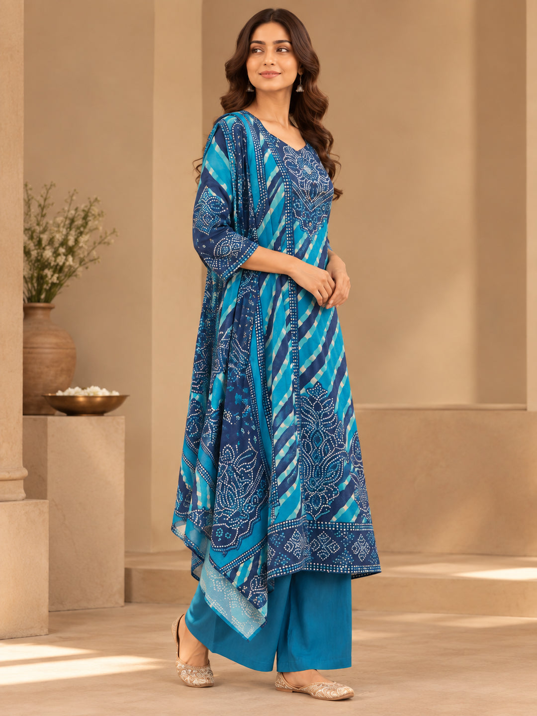 Bandhani Embroidered Straight Kurta & Trousers Sets