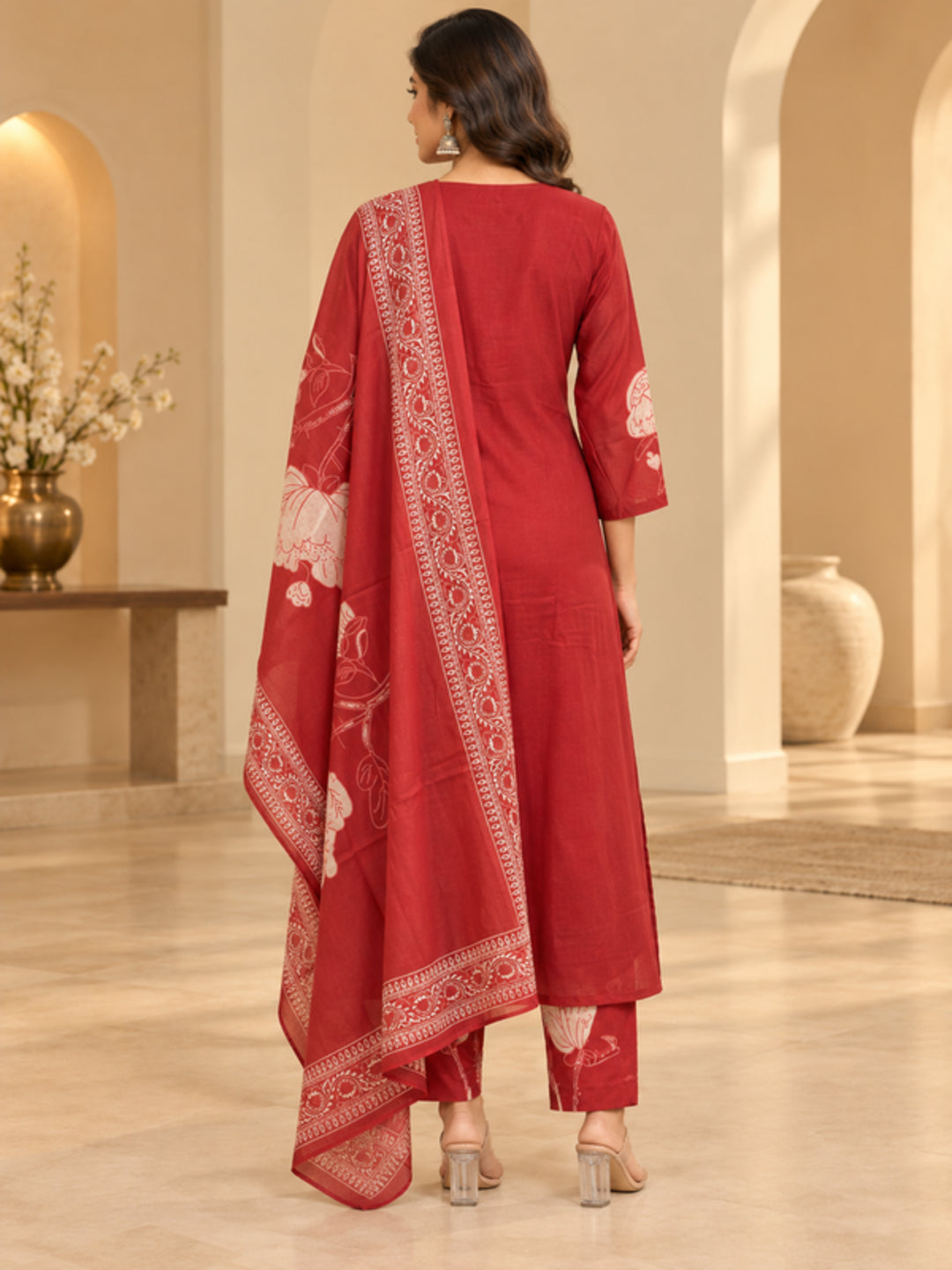 Floral Embroidered Straight Pure Cotton Kurta & Trousers Sets