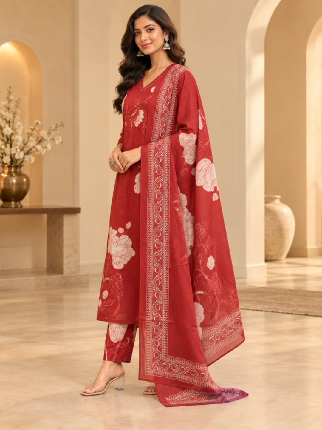 Floral Embroidered Straight Pure Cotton Kurta & Trousers Sets