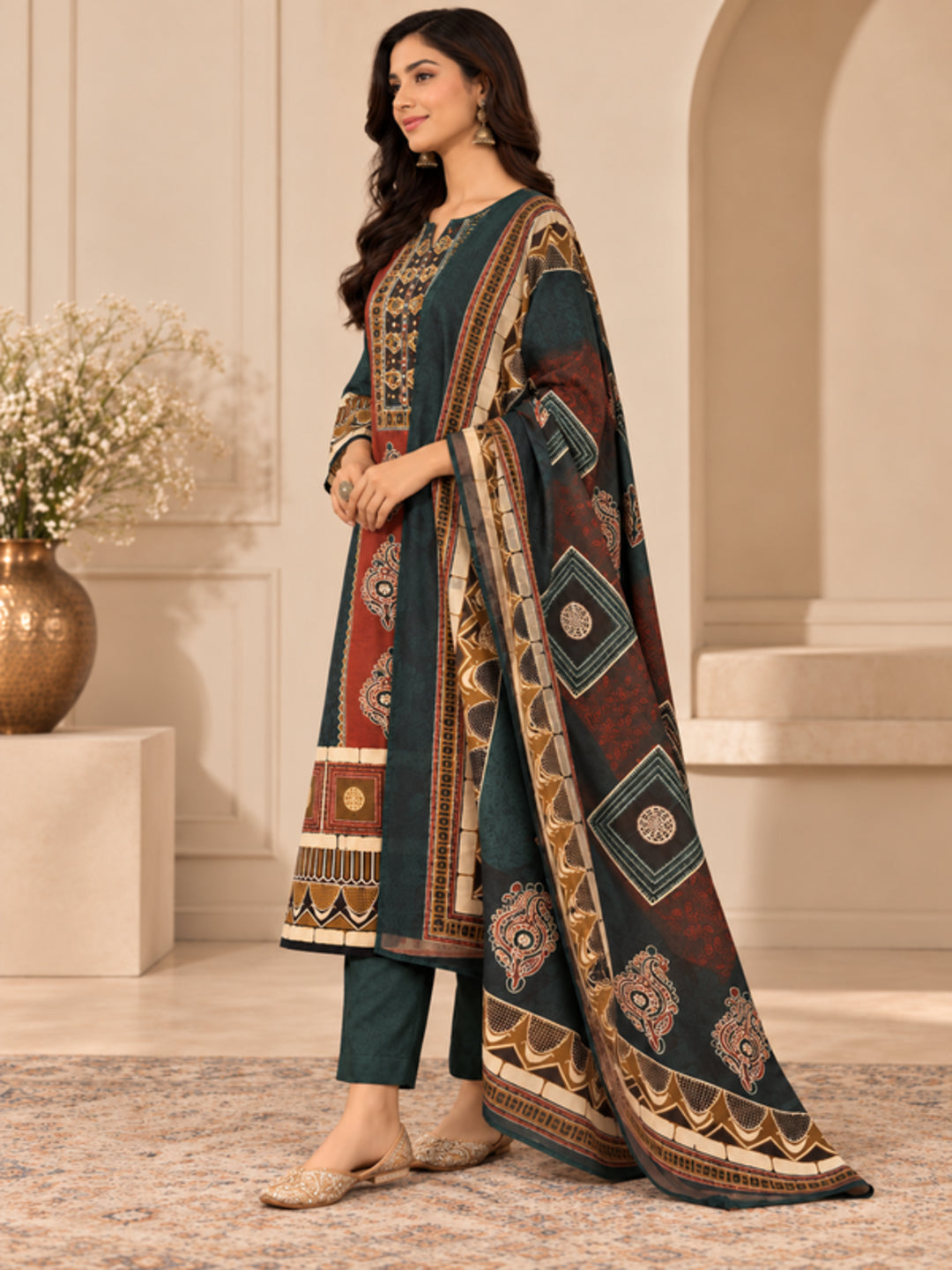 Floral Embroidered Straight Pure Cotton Kurta & Trousers Sets
