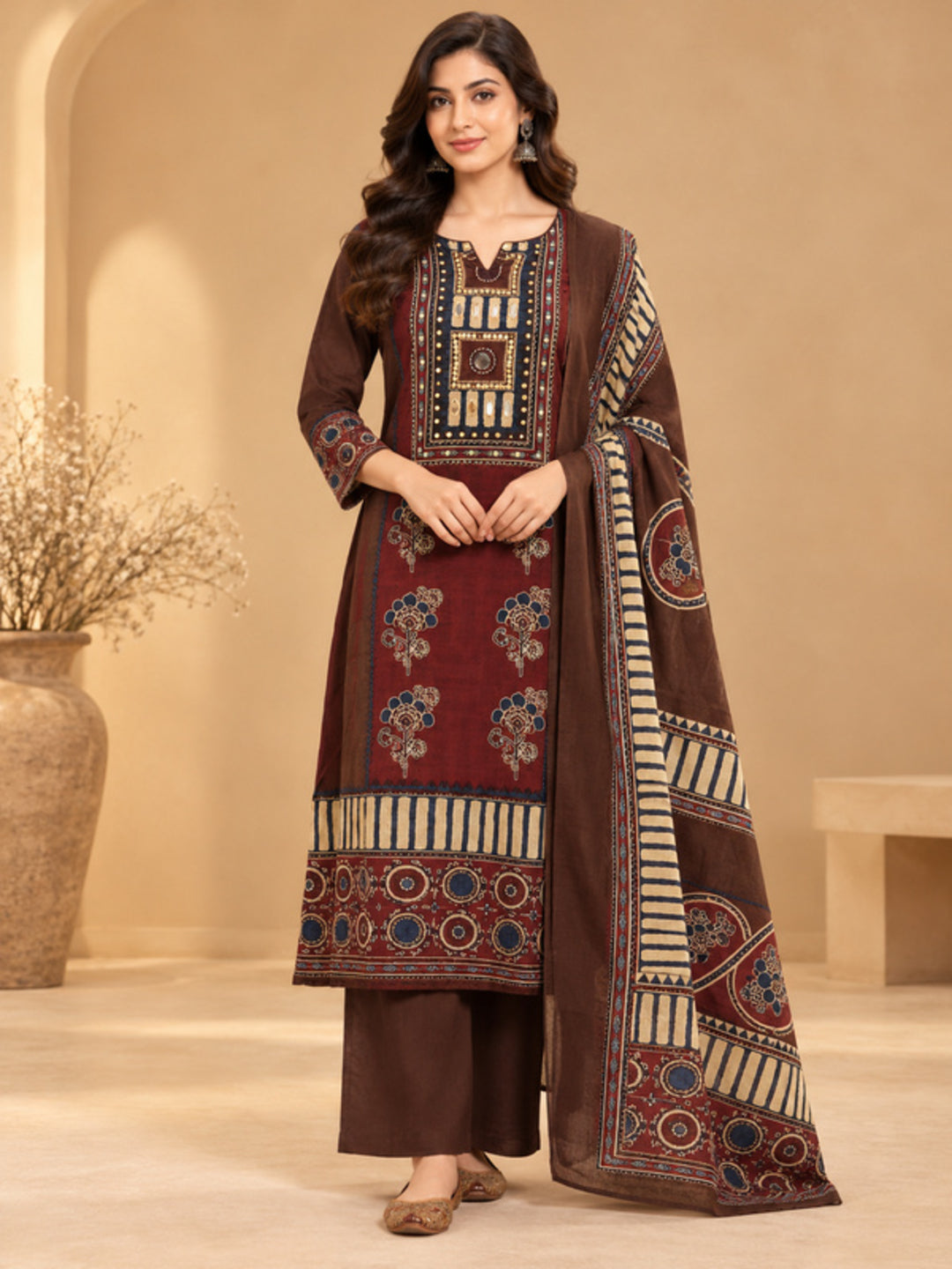 Floral Embroidered Straight Pure Cotton Kurta & Trousers Sets
