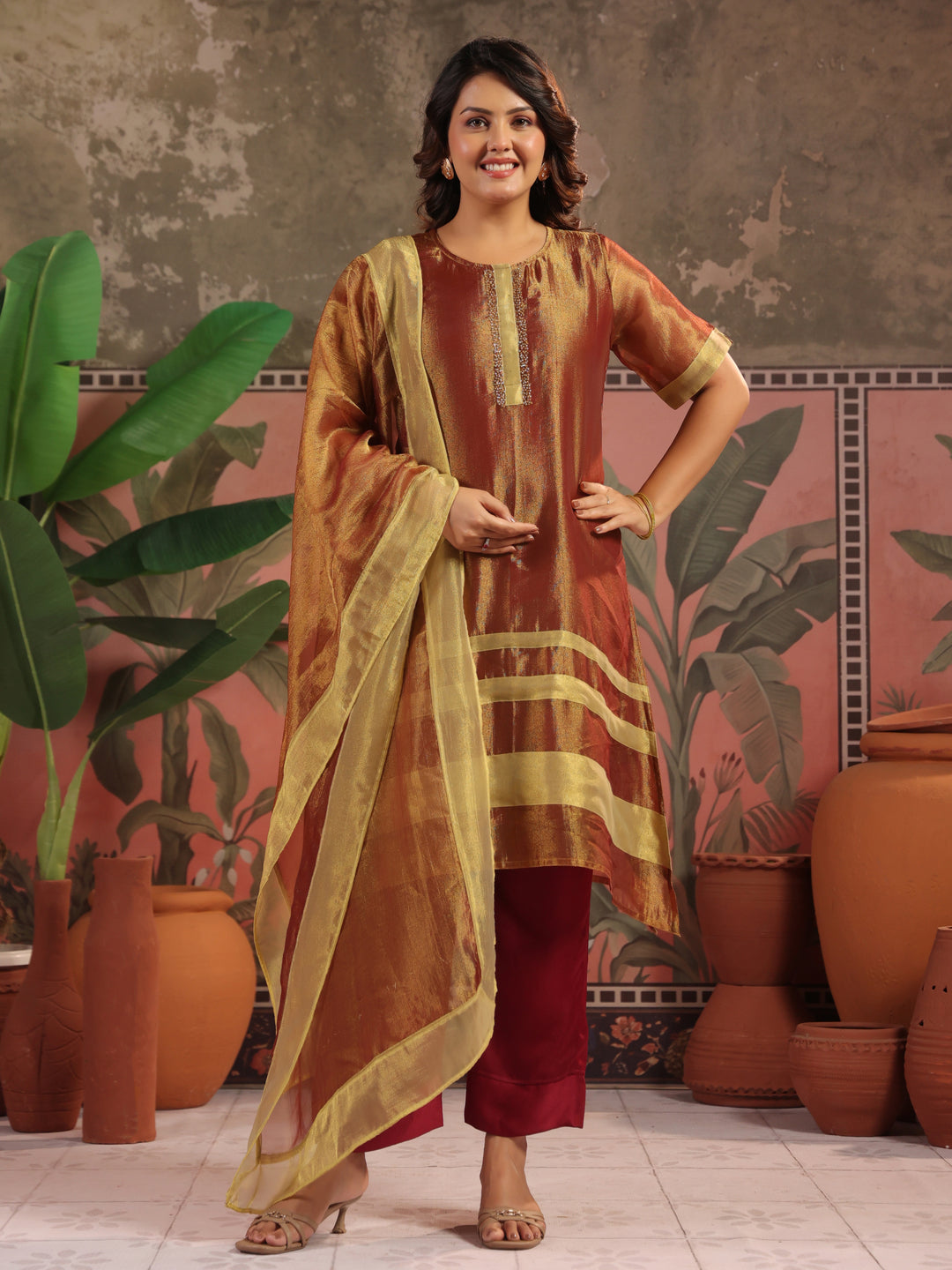 Solid Embroidered A-Line Tissue Silk Kurta & Palazzos Sets