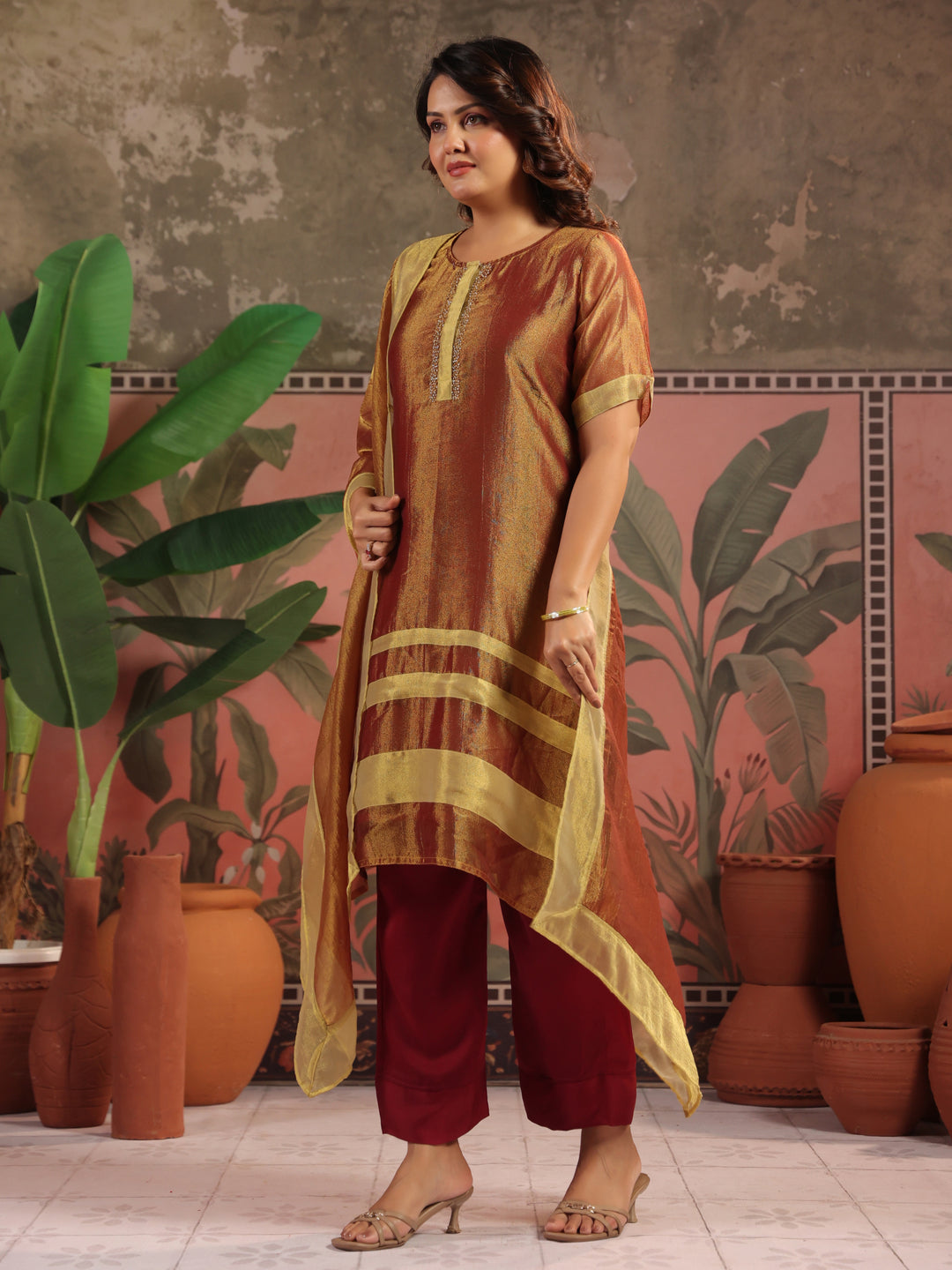 Solid Embroidered A-Line Tissue Silk Kurta & Palazzos Sets