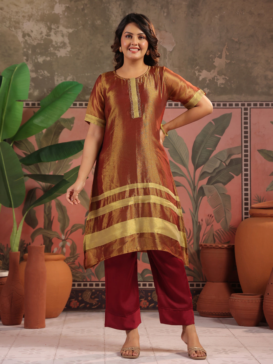 Solid Embroidered A-Line Tissue Silk Kurta & Palazzos Sets