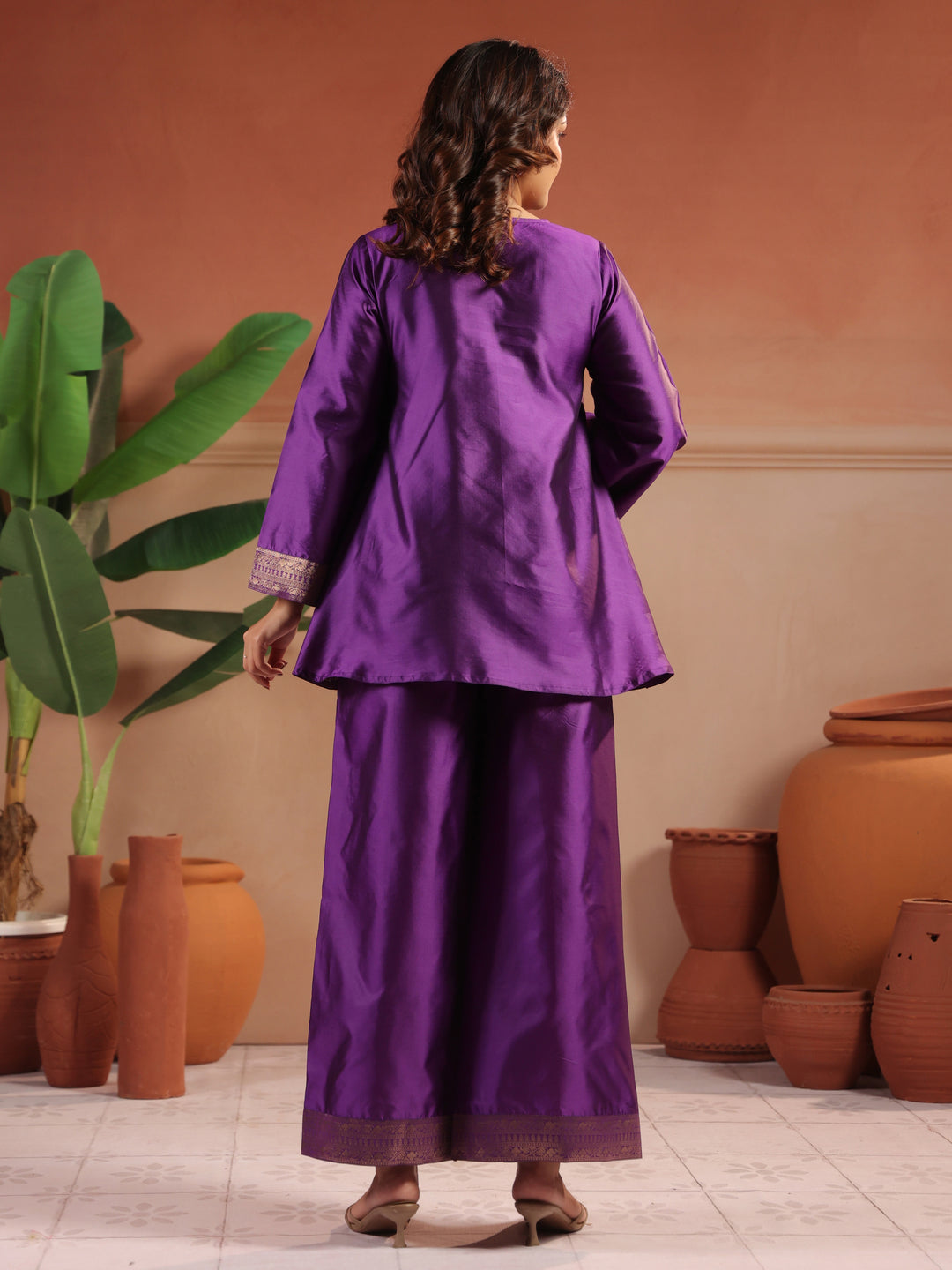 Floral Embroidered A-Line Silk Blend Kurta & Palazzos Sets