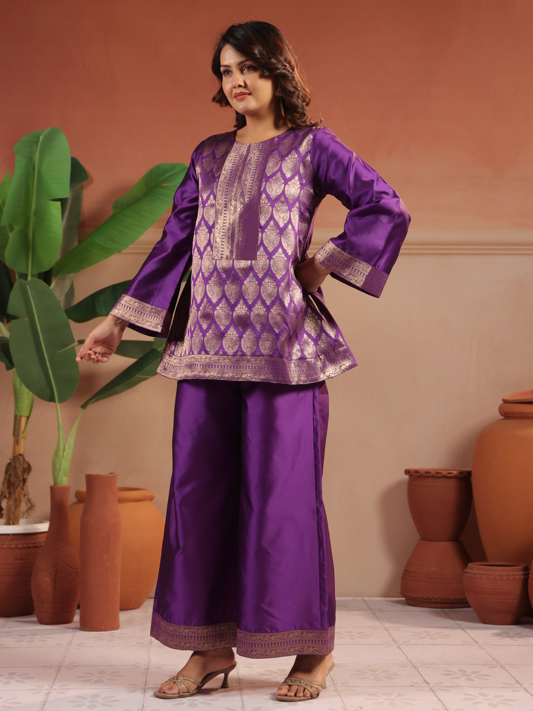 Floral Embroidered A-Line Silk Blend Kurta & Palazzos Sets