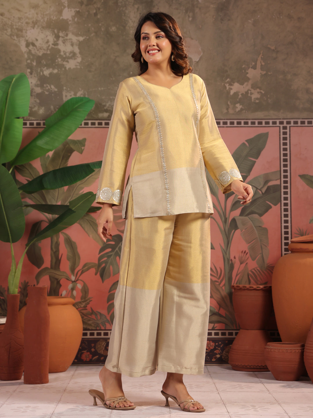 Solid Straight Tissue Silk Kurta & Palazzos Sets