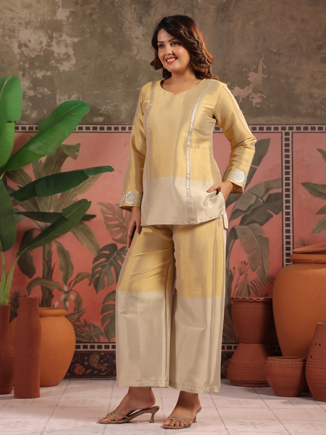 Solid Straight Tissue Silk Kurta & Palazzos Sets