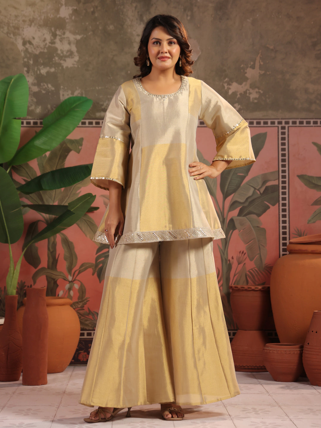 Solid A-Line Tissue Silk Kurta & Palazzos Sets