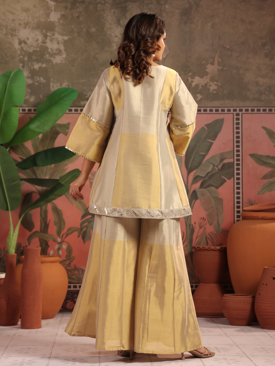 Solid A-Line Tissue Silk Kurta & Palazzos Sets