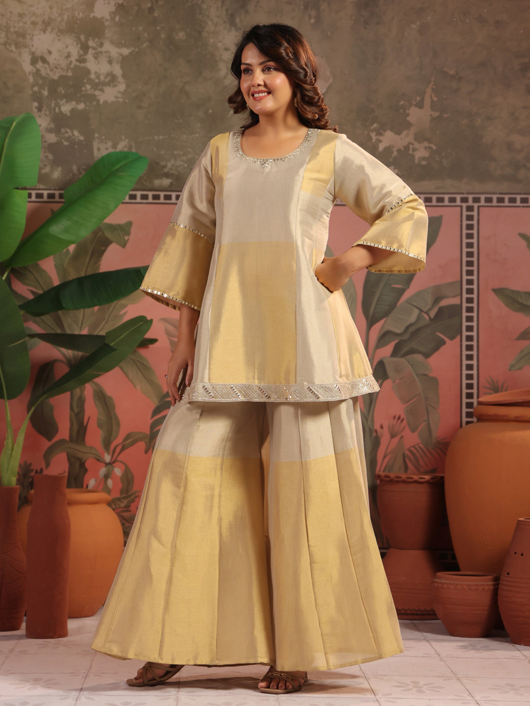 Solid A-Line Tissue Silk Kurta & Palazzos Sets