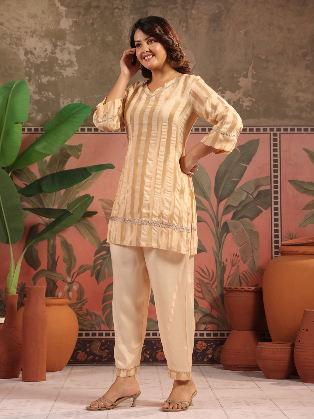 Striped Straight Viscose Kurta & Palazzos Sets