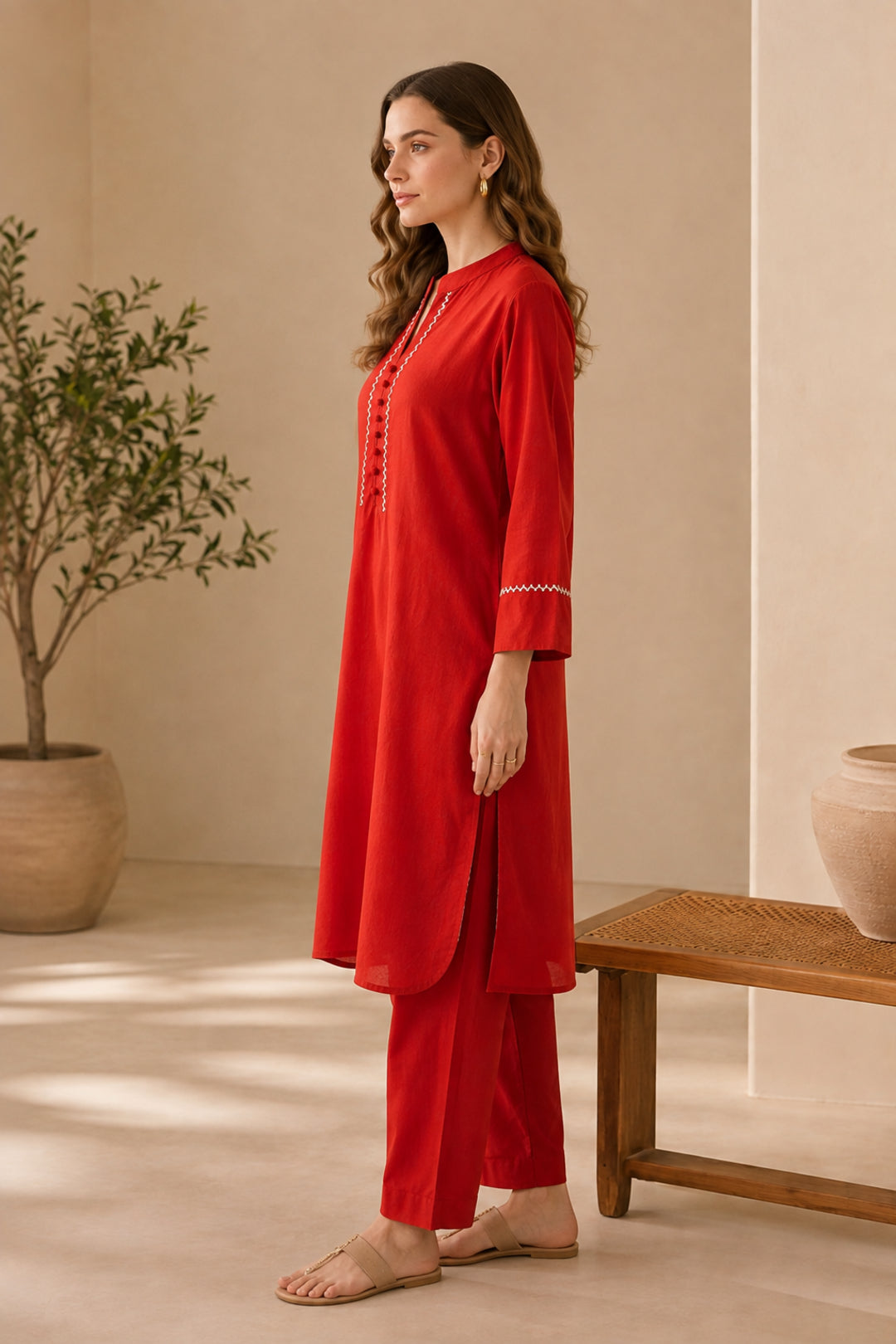 Solid Embroidered Straight Pure Cotton Kurta & Trousers Sets