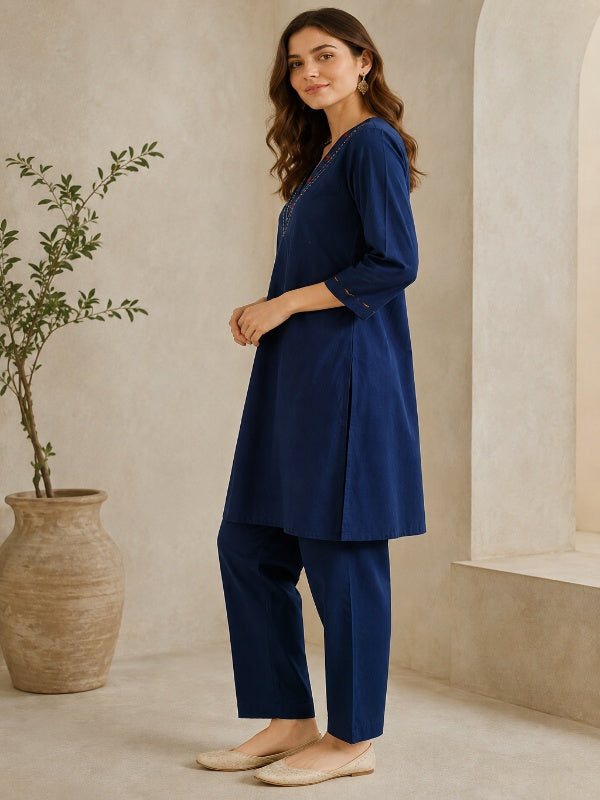 Solid Embroidered Straight Pure Cotton Kurta & Trousers Sets