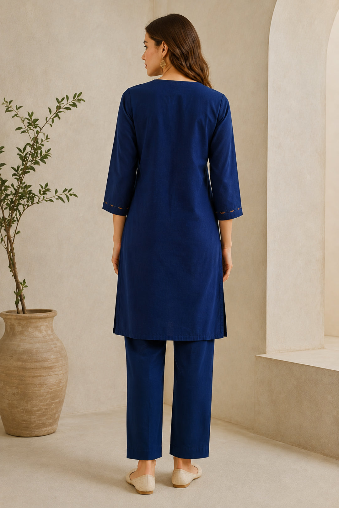 Solid Embroidered Straight Pure Cotton Kurta & Trousers Sets