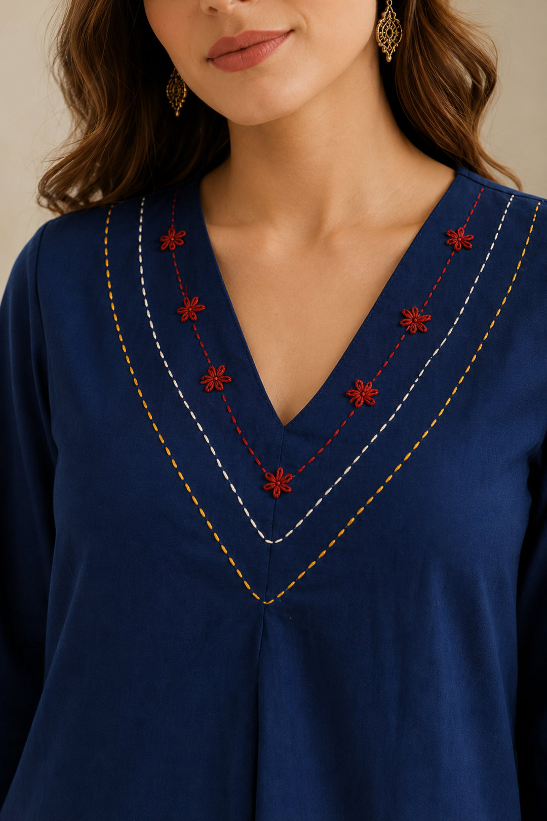 Solid Embroidered Straight Pure Cotton Kurta & Trousers Sets