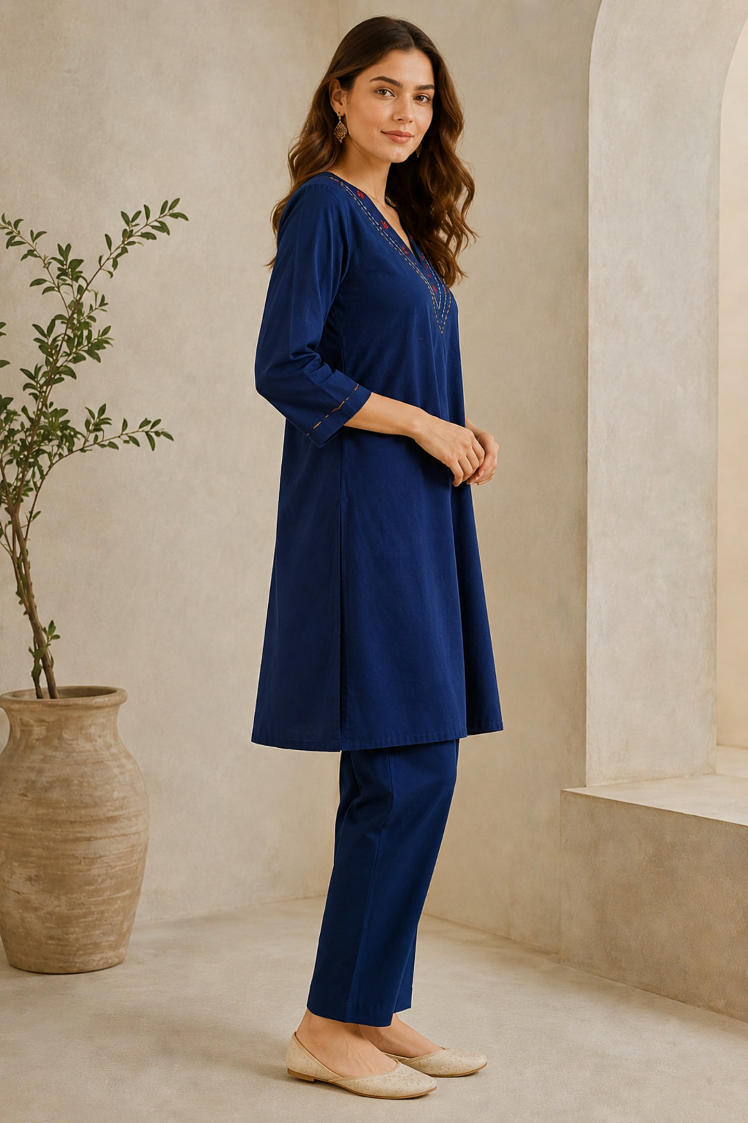 Solid Embroidered Straight Pure Cotton Kurta & Trousers Sets