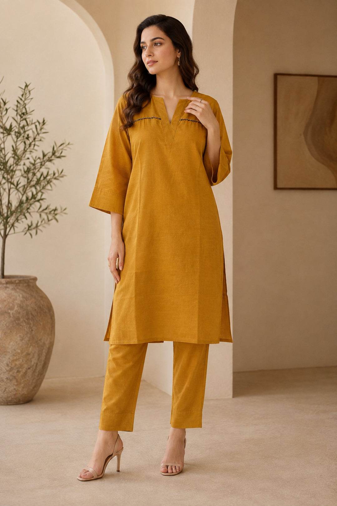 Solid Embroidered Straight Pure Cotton Kurta & Palazzos Sets