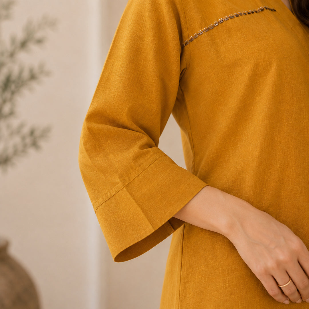 Solid Embroidered Straight Pure Cotton Kurta & Palazzos Sets