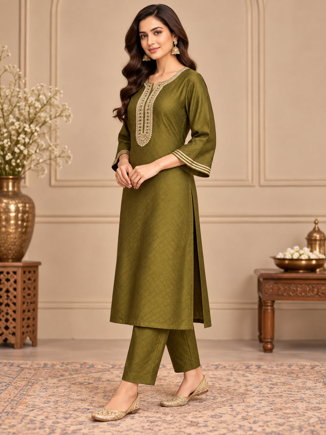 Solid Embroidered Straight Kurta & Trousers Sets