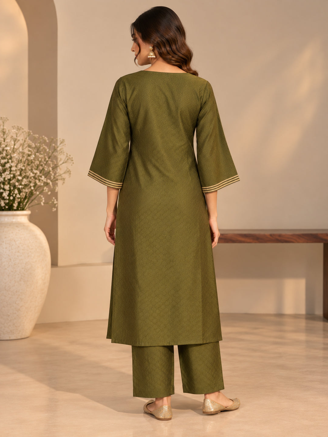 Solid Embroidered Straight Kurta & Trousers Sets