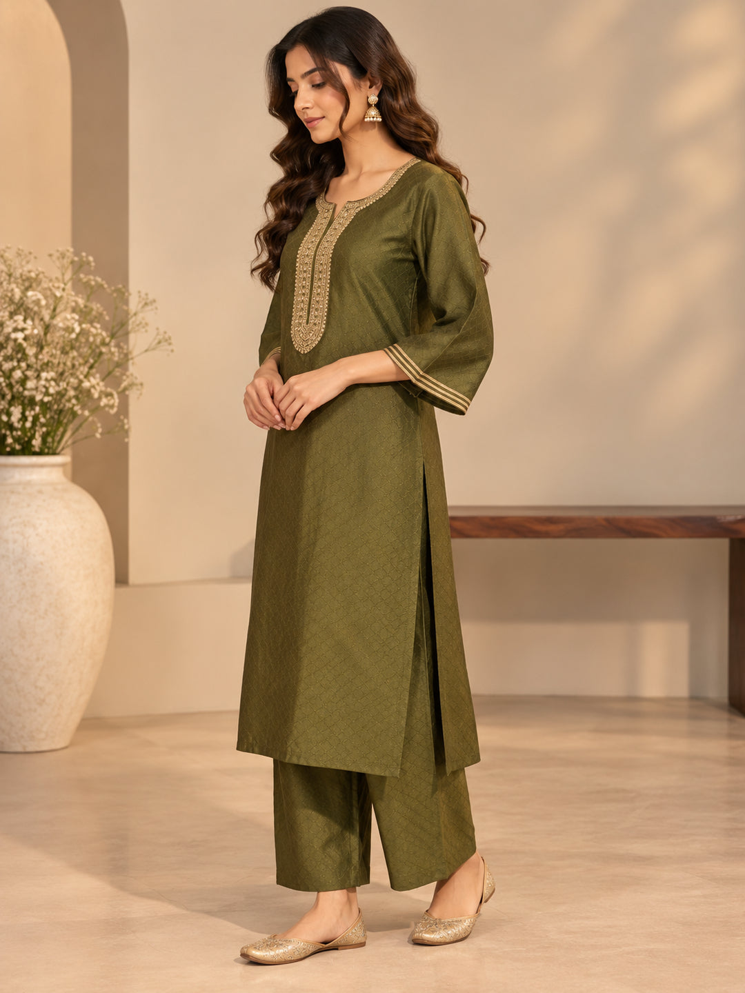 Solid Embroidered Straight Kurta & Trousers Sets