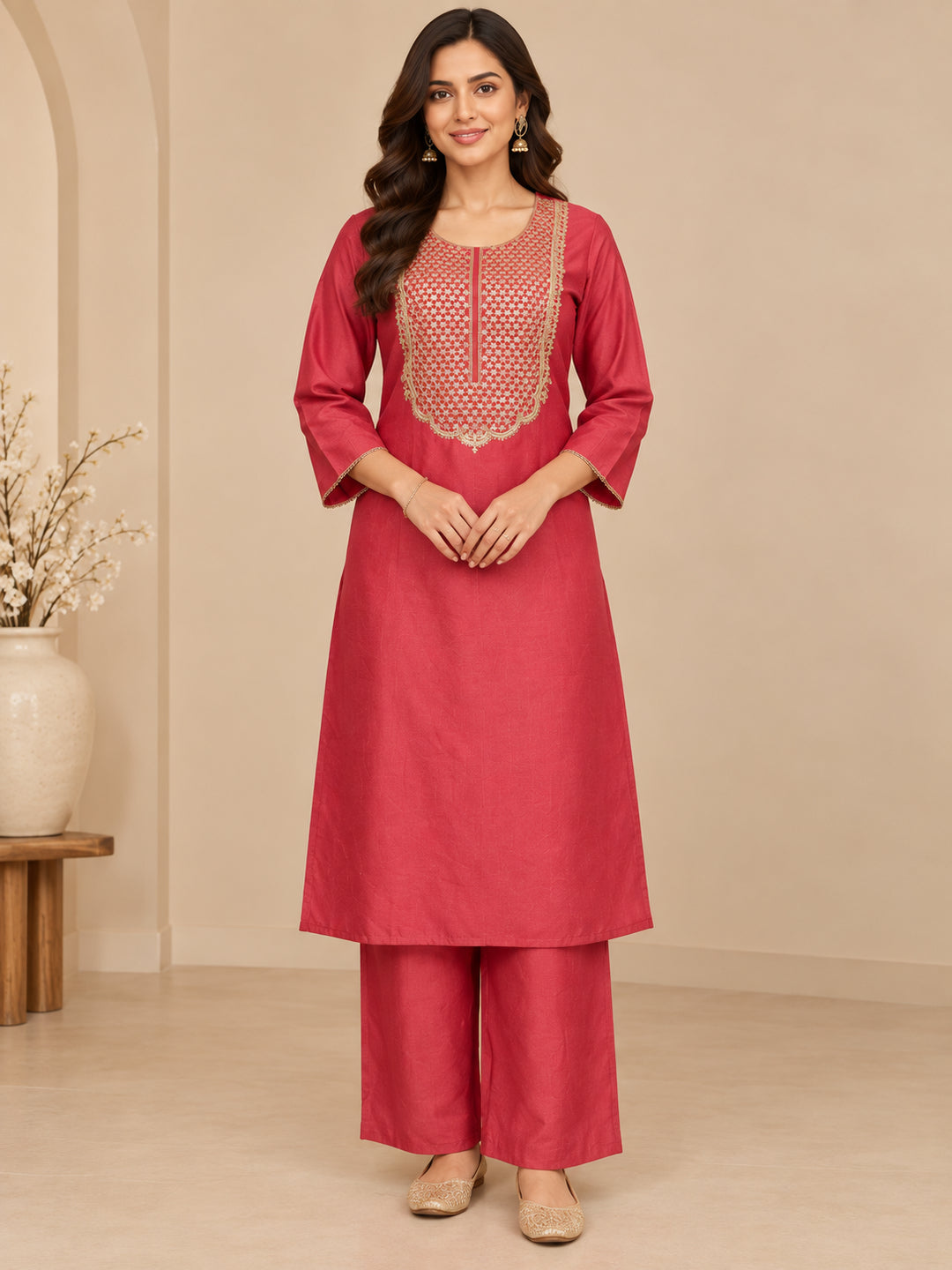Solid Embroidered Straight Kurta & Trousers Sets