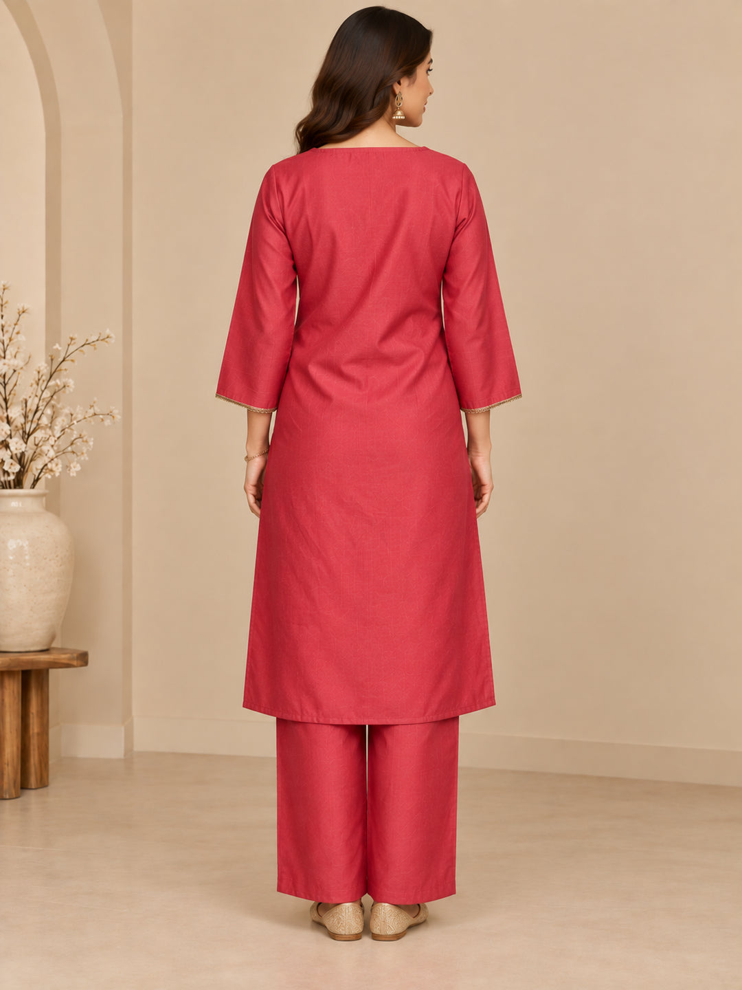 Solid Embroidered Straight Kurta & Trousers Sets