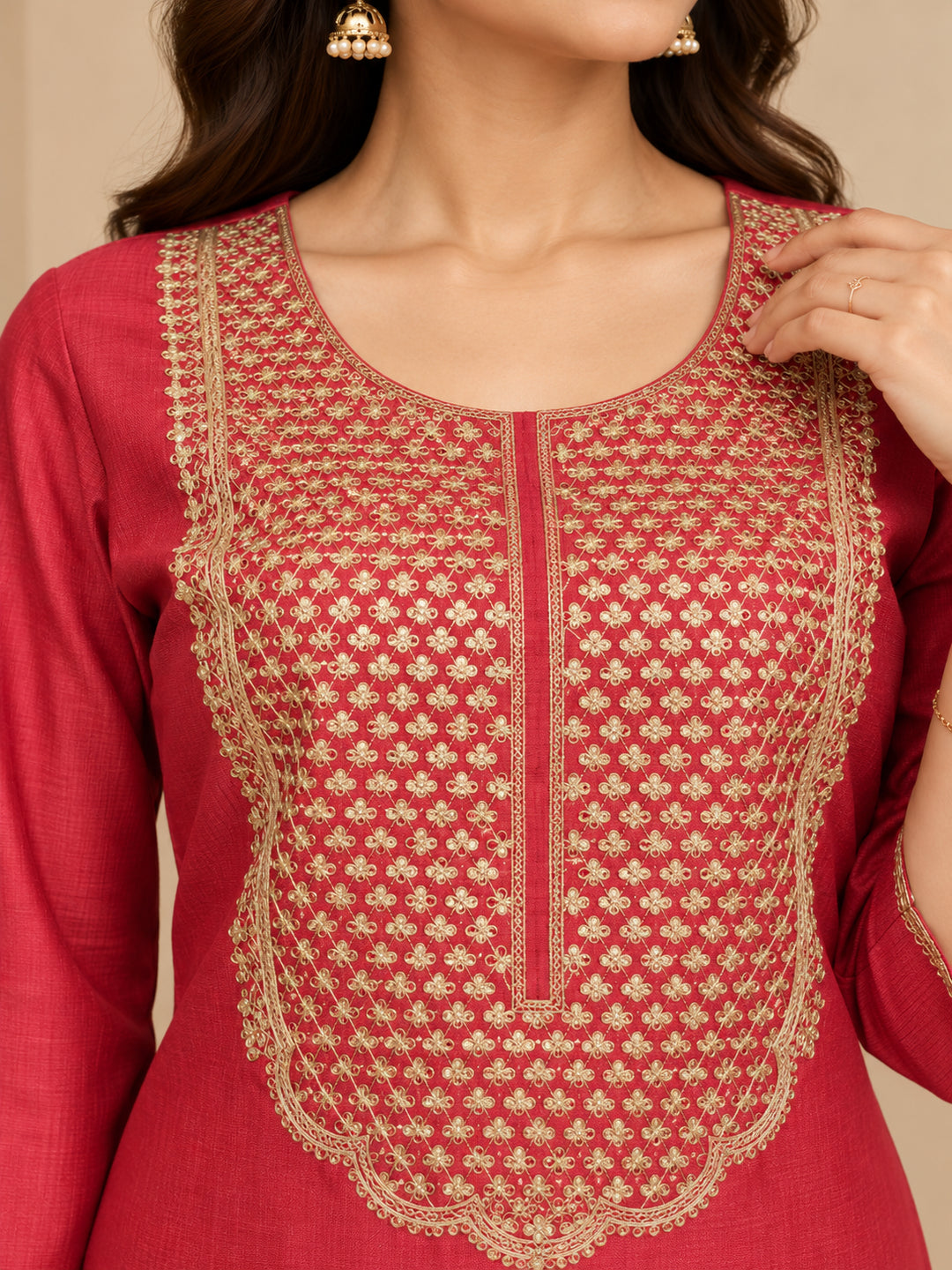 Solid Embroidered Straight Kurta & Trousers Sets
