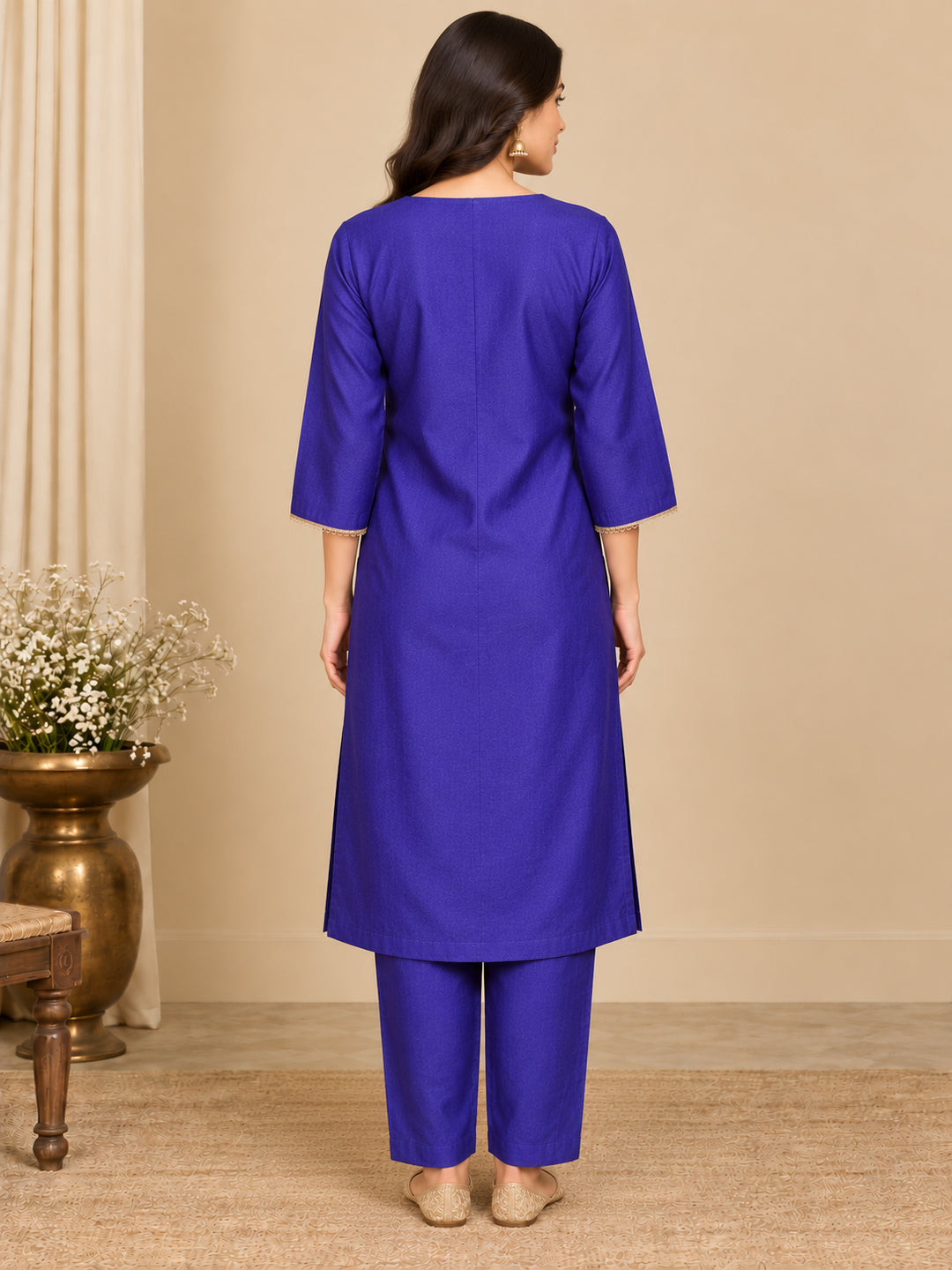Solid Embroidered Straight Kurta & Trousers Sets