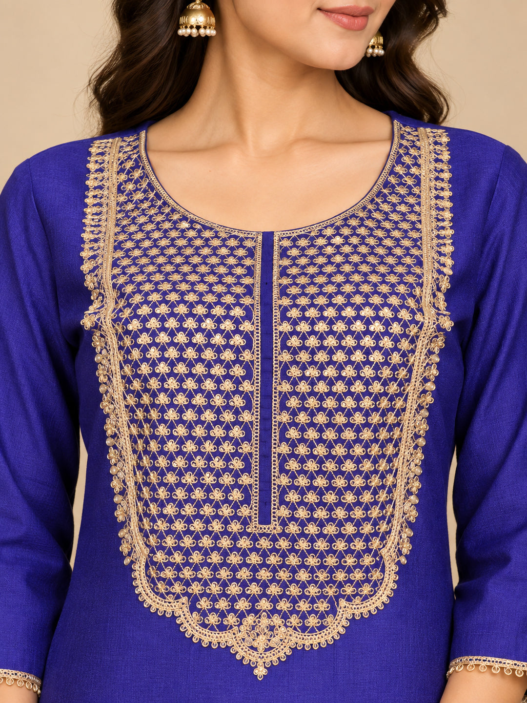 Solid Embroidered Straight Kurta & Trousers Sets