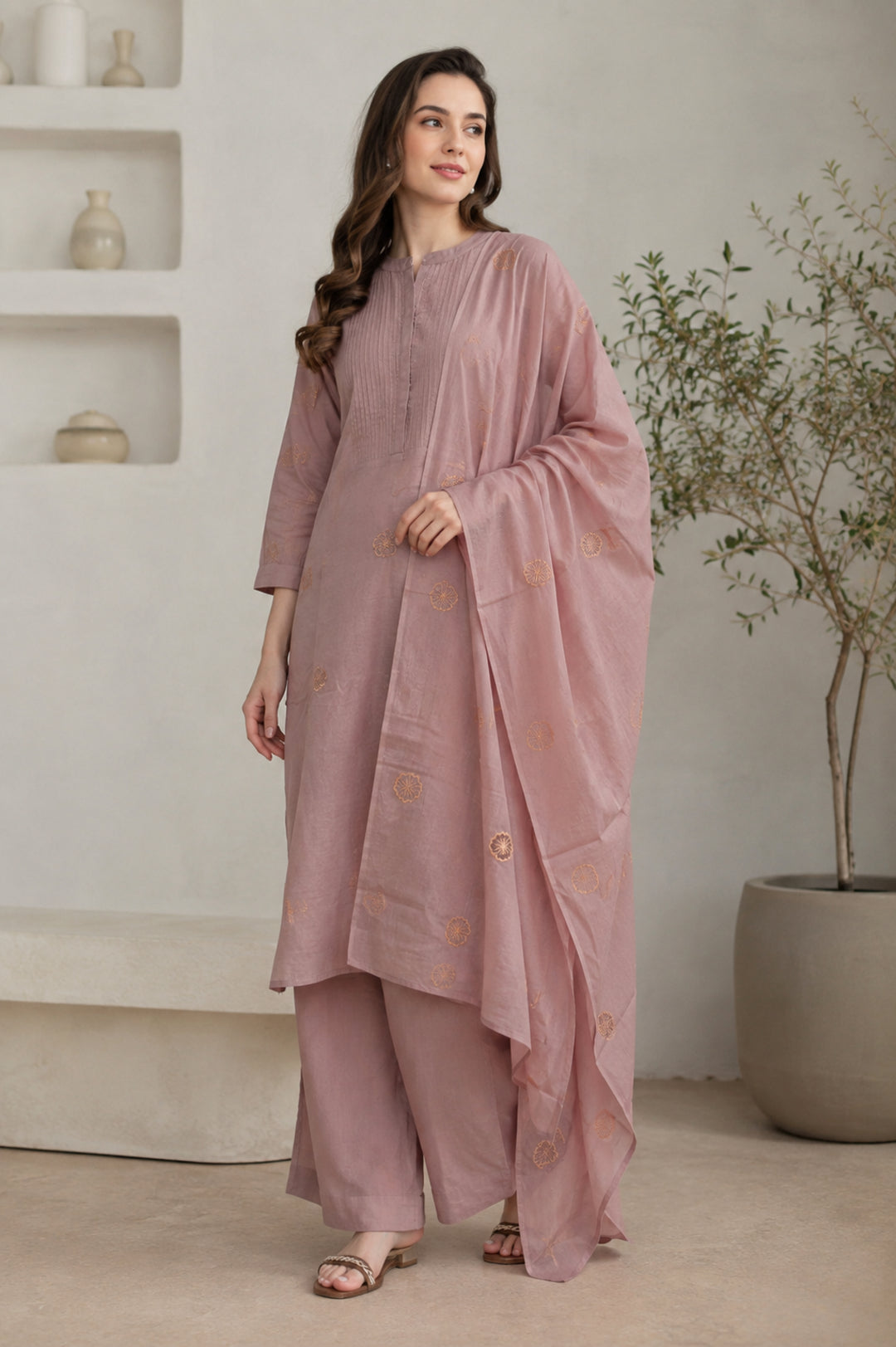 Floral Embroidered Straight Pure Cotton Kurta & Palazzos Sets