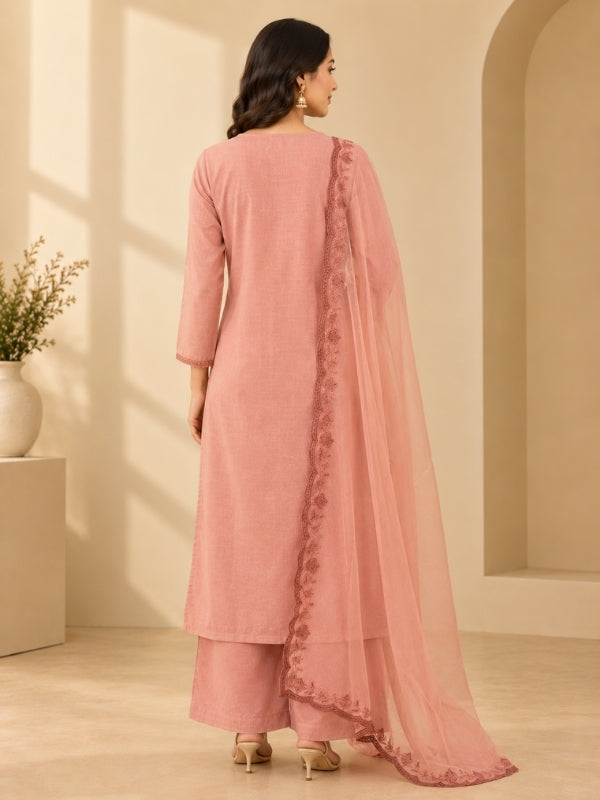 Solid Embroidered Straight Linen Kurta & Palazzos Sets