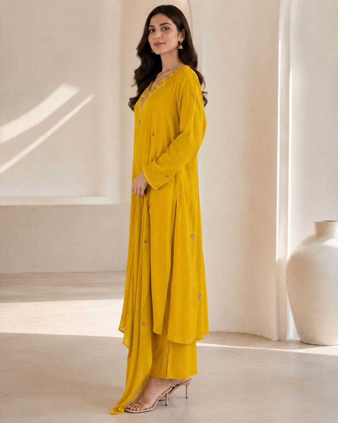 Solid Embroidered Straight Pure Cotton Kurta & Trousers Sets