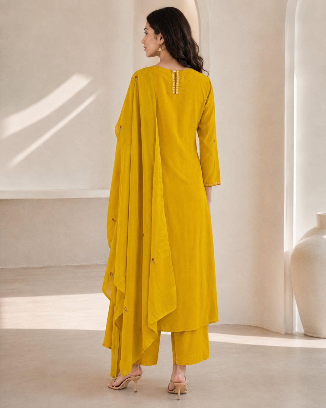 Solid Embroidered Straight Pure Cotton Kurta & Trousers Sets