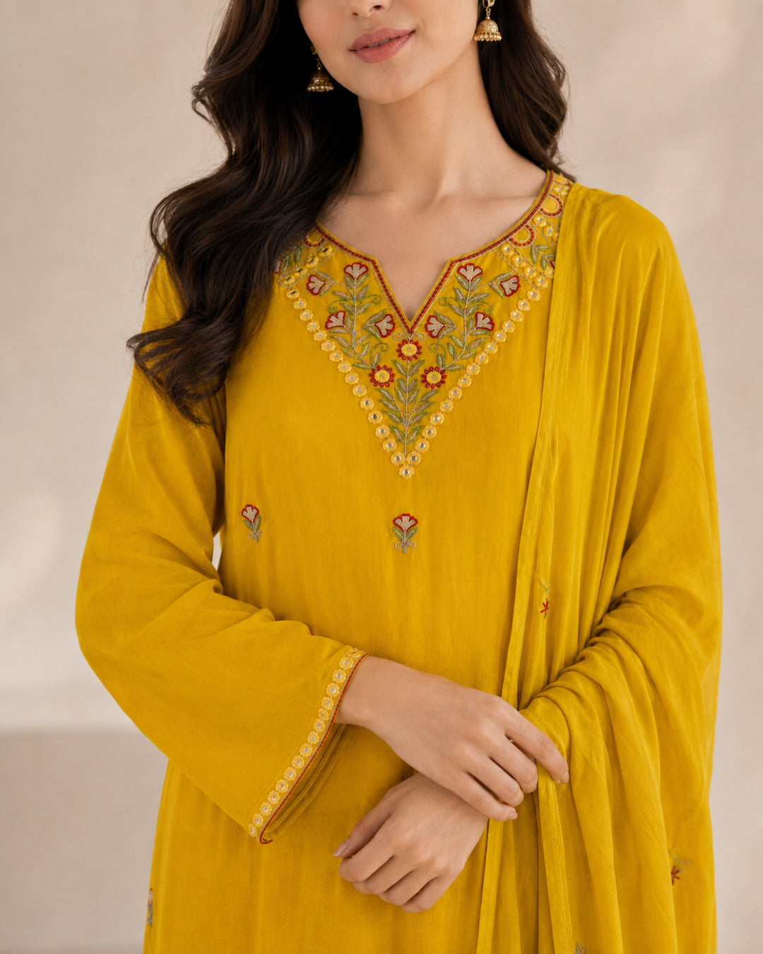 Solid Embroidered Straight Pure Cotton Kurta & Trousers Sets