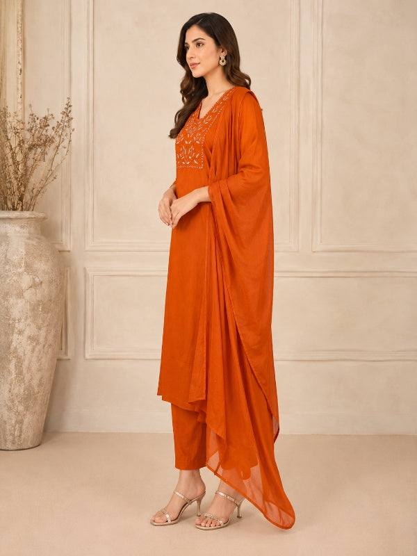 Solid Embroidered Straight Pure Cotton Kurta & Trousers Sets