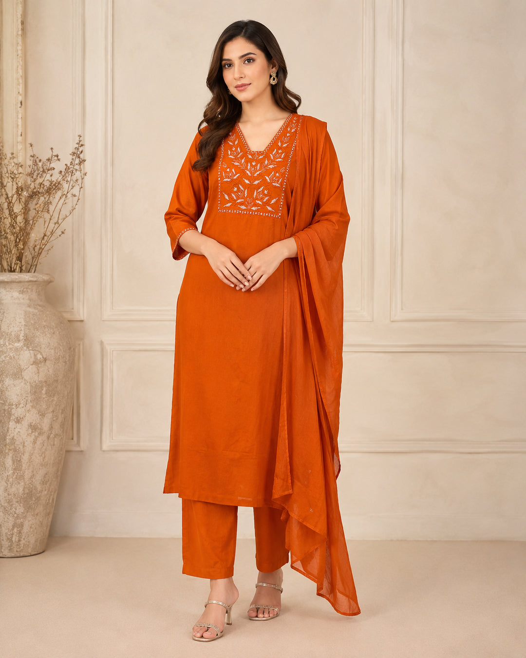 Solid Embroidered Straight Pure Cotton Kurta & Trousers Sets