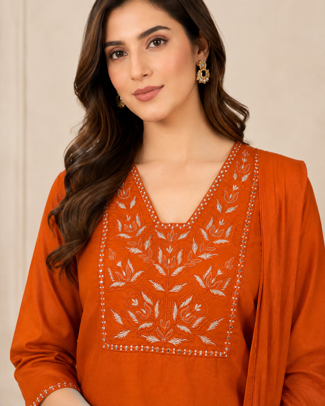 Solid Embroidered Straight Pure Cotton Kurta & Trousers Sets
