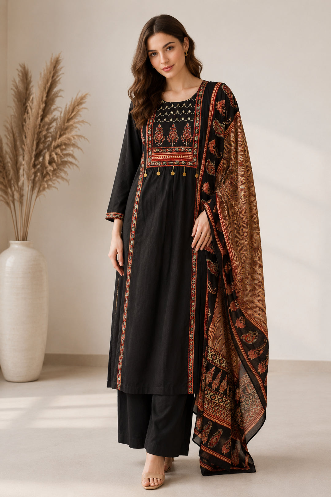 Solid Embroidered Straight Pure Cotton Kurta & Palazzos Sets