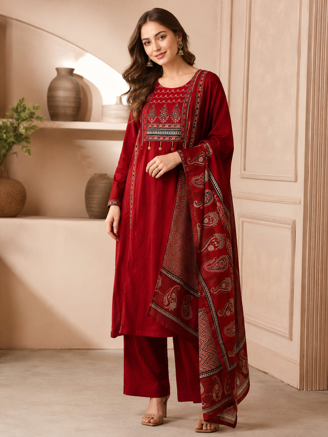 Solid Printed Straight Pure Cotton Kurta & Trousers Sets