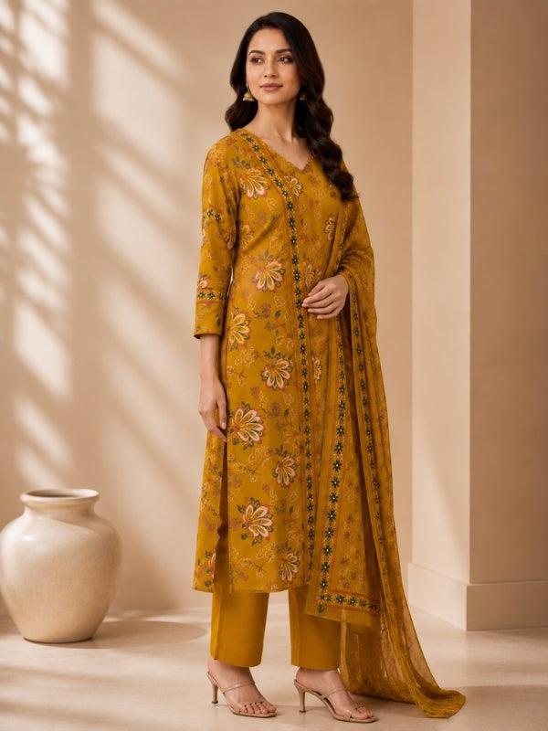 Floral Printed Straight Pure Cotton Kurta & Palazzos Sets
